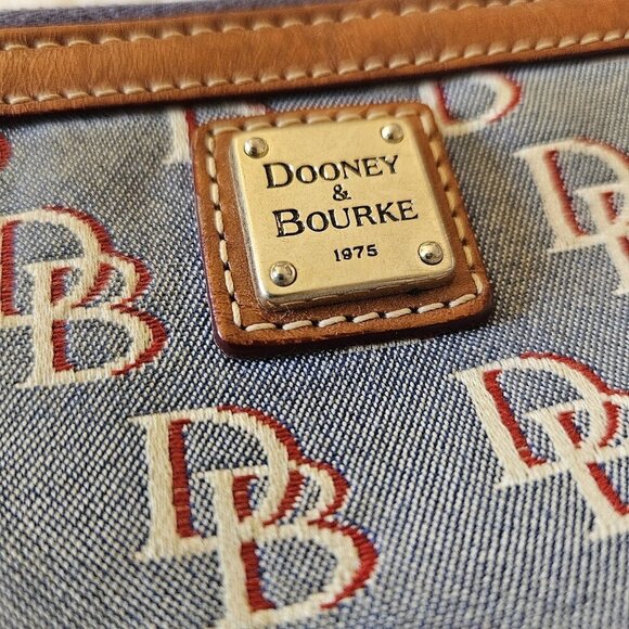 Dooney & Bourke DB Monogram Wristlet Blue Canvas Brown Leather Trim Small Bag - Picture 4 of 10